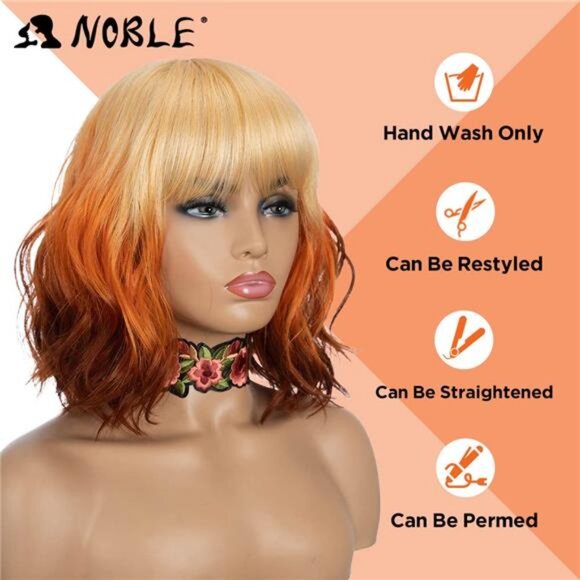 NOBLE Short Bob Wigs with Bangs for Women 3 Tone Ombre Color Synthetic Shoulder - Picture 2 of 7